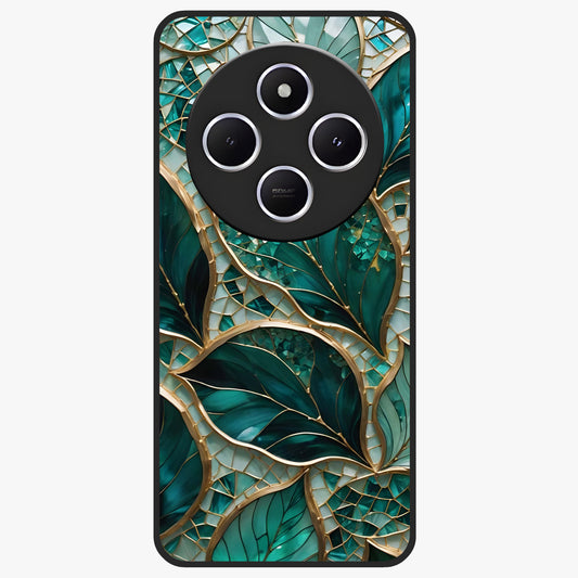 Emerald Leaf Glass Glass Case showing flat back view with emerald green leaf artwork and glossy glass finish.