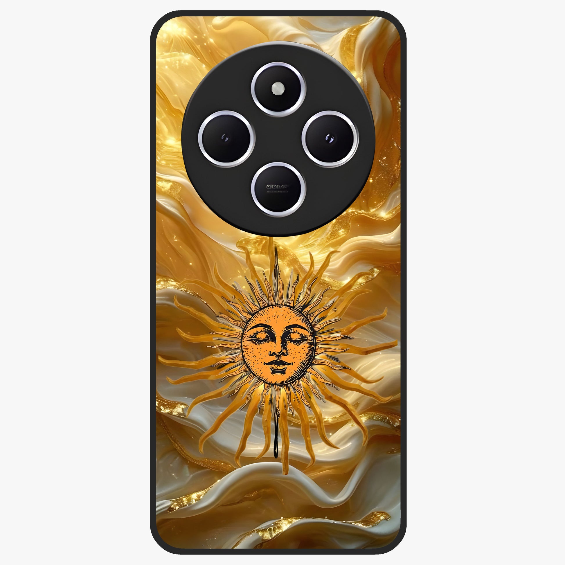 Eternal Golden Glow Glass Case showing flat back view with radiant golden themed artwork and glossy glass finish.