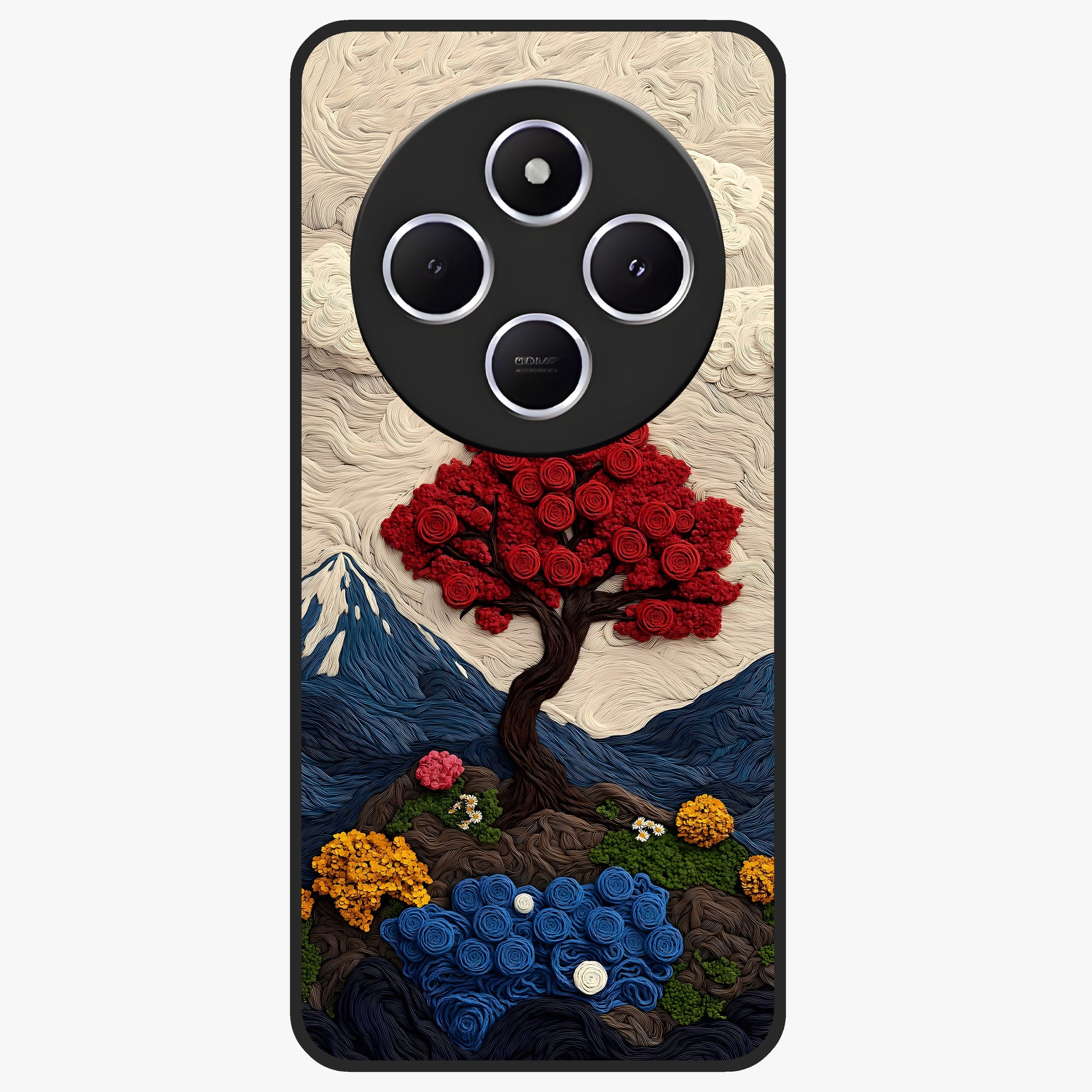 Eternal Nature Tapestry Glass Case showing flat back view with intricate nature tapestry artwork and glossy glass finish.