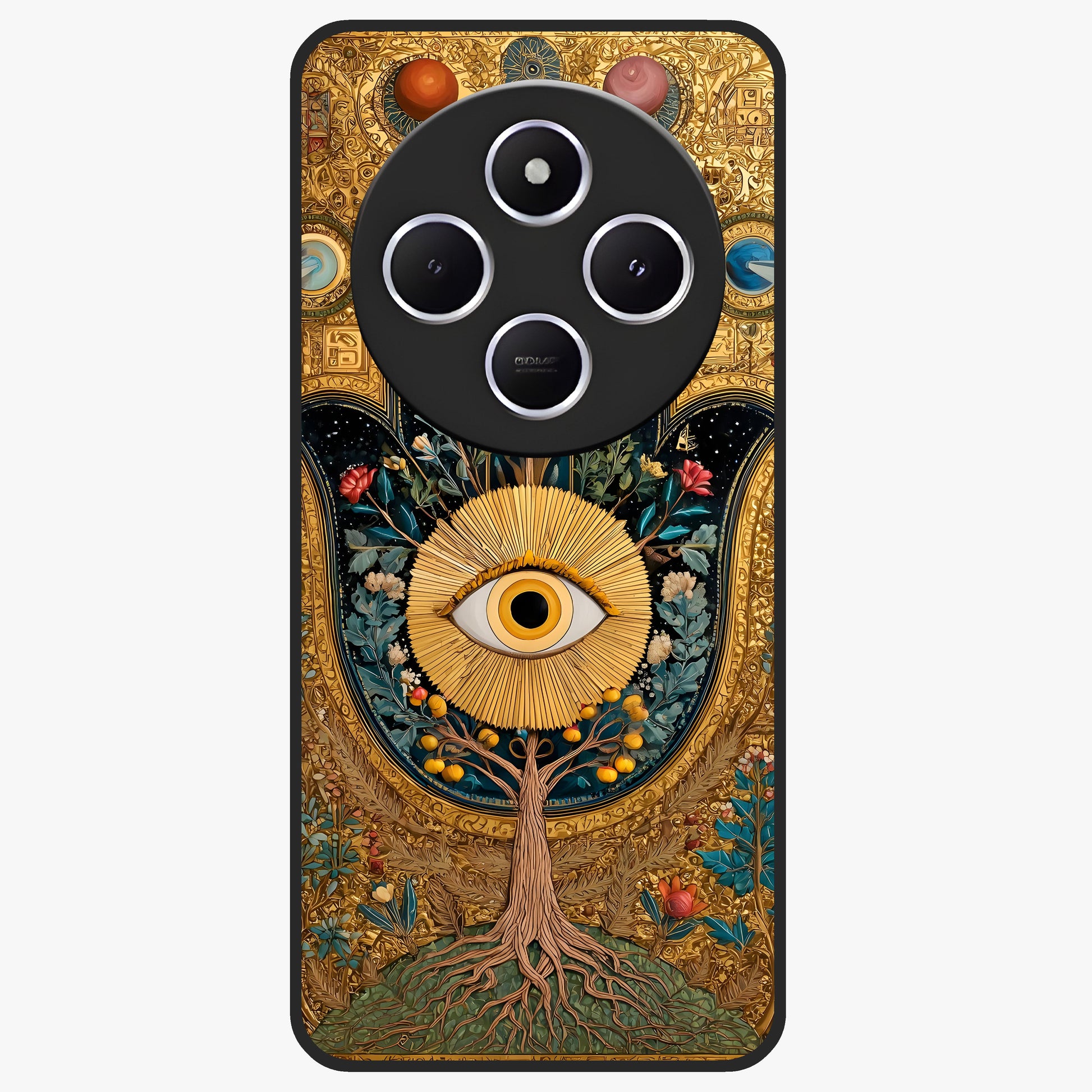 Ethereal Evil Eye Glass Case showing flat back view with mystical evil eye artwork and glossy glass finish.