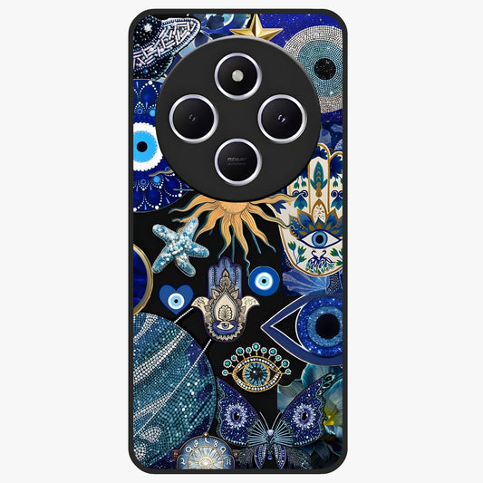 Evil Eye Charm Mix Glass Case showing flat back view with multiple evil eye charms artwork and glossy glass finish.