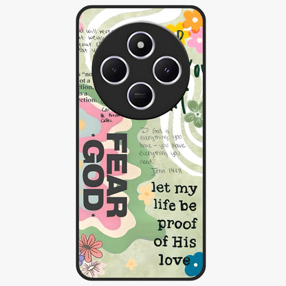 Faith Over Fear Glass Case showing flat back view with motivational typography artwork and glossy glass finish.