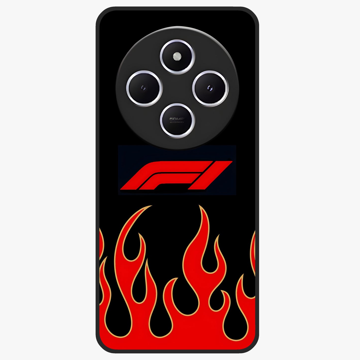 Fire F11 Glass Case showing flat back view with fiery themed artwork and glossy glass finish.