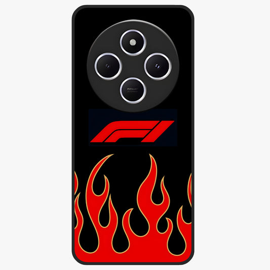 Fire F11 Glass Case showing flat back view with fiery themed artwork and glossy glass finish.