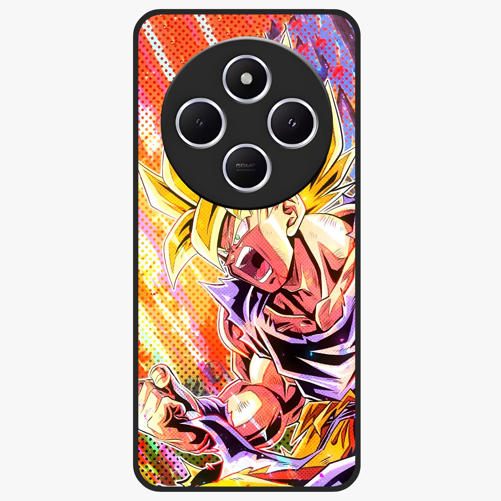 Firing Goku Glass Case showing flat back view with powerful anime inspired artwork and glossy glass finish.