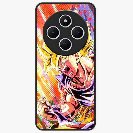 Firing Goku Glass Case showing flat back view with powerful anime inspired artwork and glossy glass finish.
