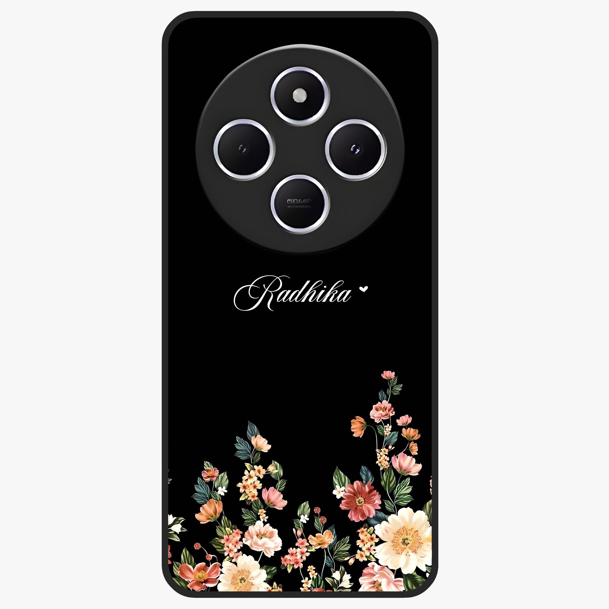 Floral Design With a Custom Personalized Name Glass Case showing flat back view with floral artwork and personalized name design.