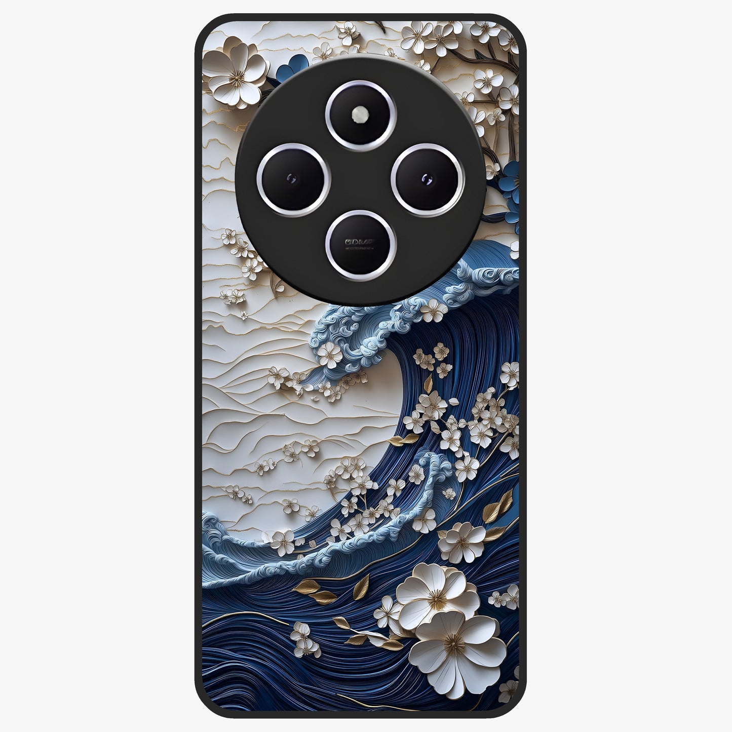 Floral Wave Origami Glass Case showing flat back view with origami inspired floral wave artwork and glossy glass finish.