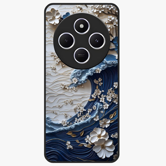 Floral Wave Origami Glass Case showing flat back view with origami inspired floral wave artwork and glossy glass finish.