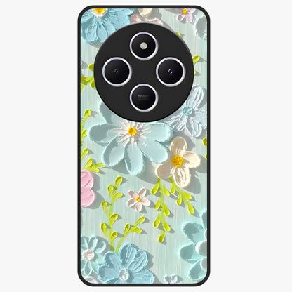 Frosted Petal Garden Glass Case showing flat back view with soft frosted floral artwork and glossy glass finish.