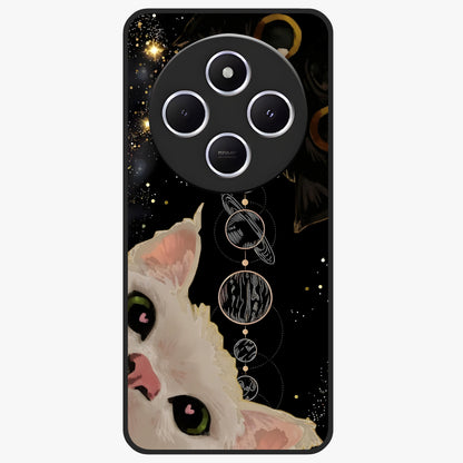Galactic Cat Glass Case showing flat back view with cosmic cat artwork and glossy glass finish.
