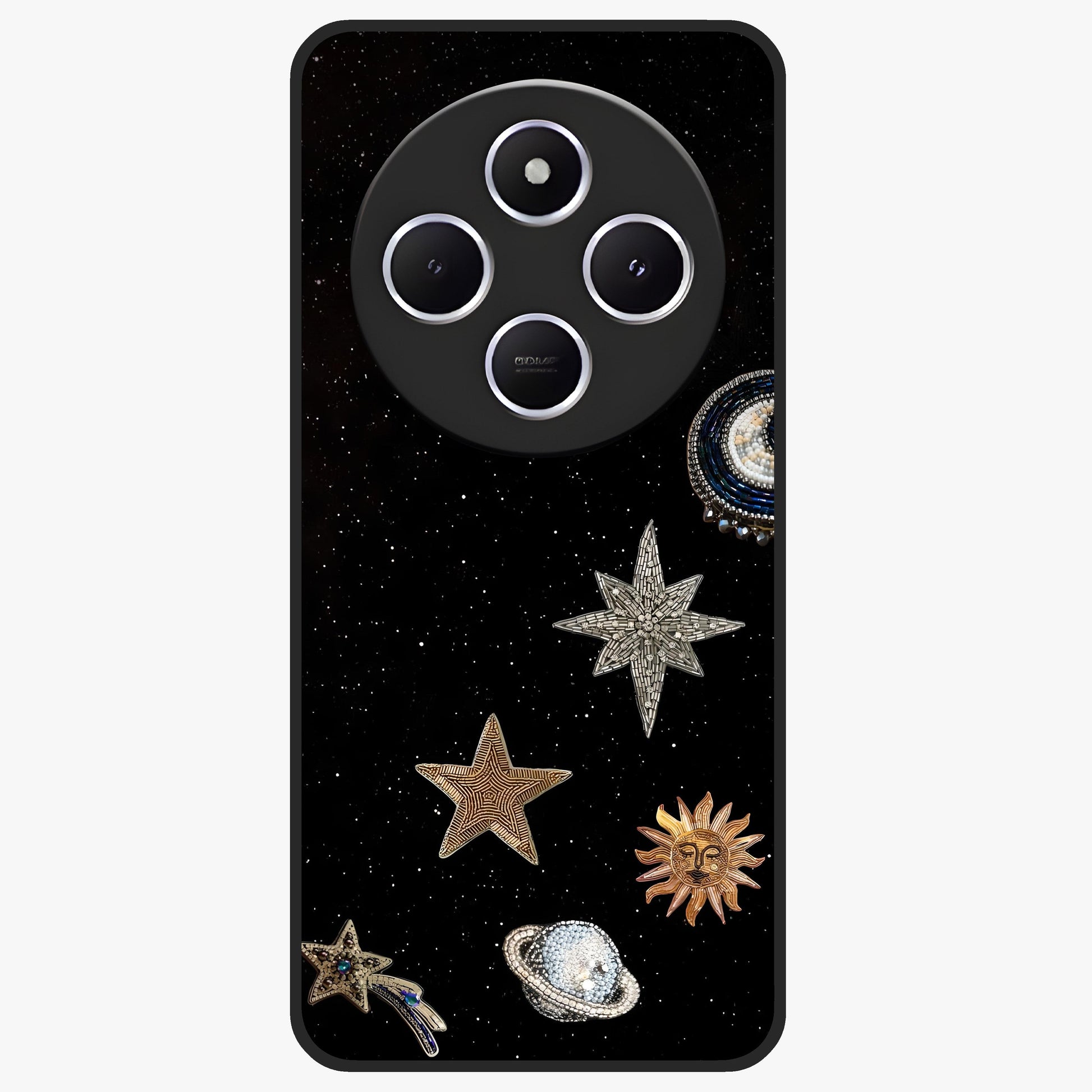 Galactic Charm Glow Glass Case showing flat back view with glowing celestial charm artwork and glossy glass finish.