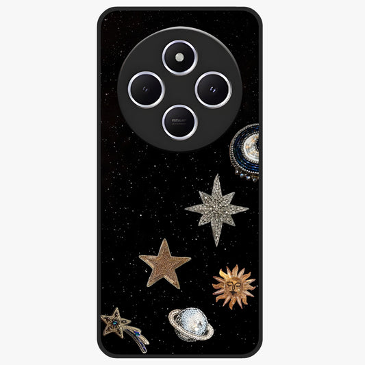 Galactic Charm Glow Glass Case showing flat back view with glowing celestial charm artwork and glossy glass finish.