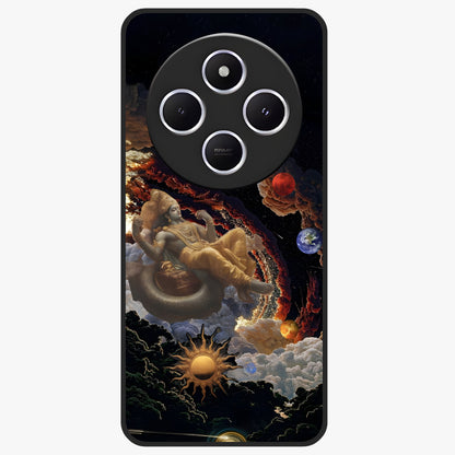 Galactic Divine God Glass Case showing flat back view with divine cosmic themed artwork and glossy glass finish.