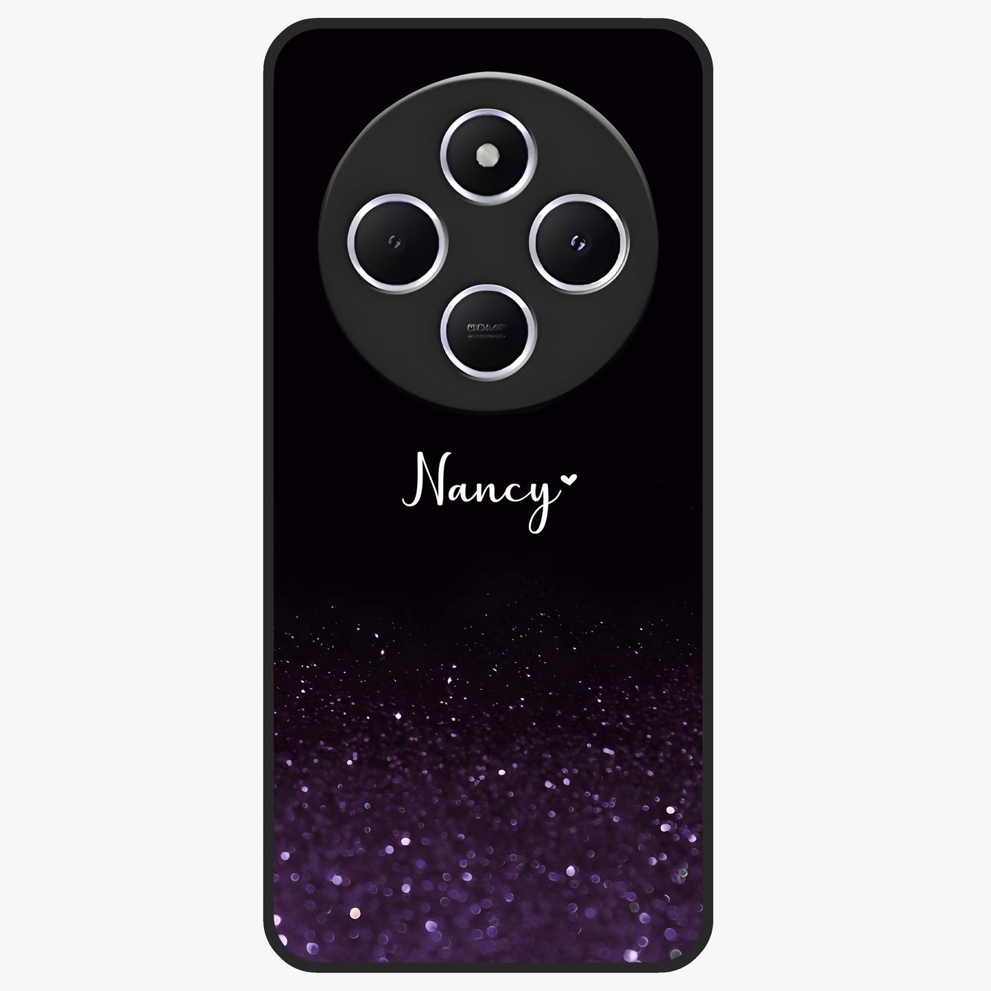 Glittery Purple Bokeh Custom Name Glass Case showing flat back view with purple bokeh sparkle artwork and personalized name design.