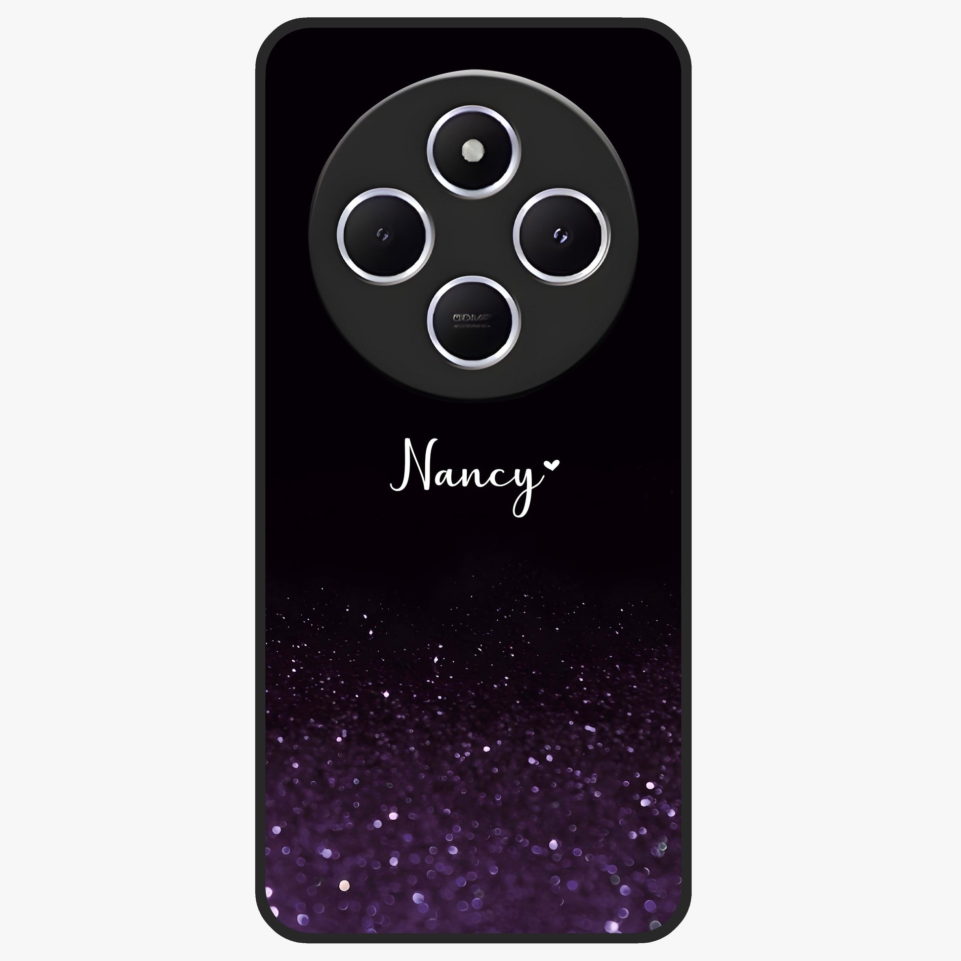 Glittery Purple Bokeh Custom Name Glass Case showing flat back view with purple bokeh sparkle artwork and personalized name design.