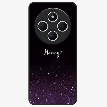 Glittery Purple Bokeh Custom Name Glass Case showing flat back view with purple bokeh sparkle artwork and personalized name design.