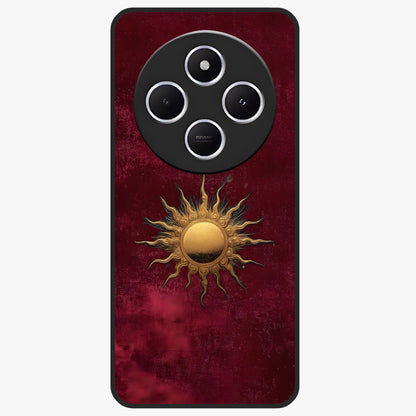 Gold Sun Blush Glass Case showing flat back view with golden sun inspired artwork and glossy glass finish.