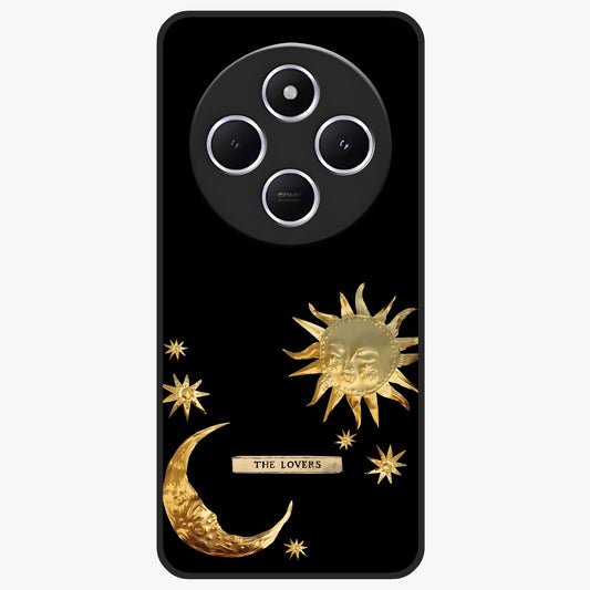 Golden Celestial Charm Glass Case showing flat back view with golden celestial charm artwork and glossy glass finish.