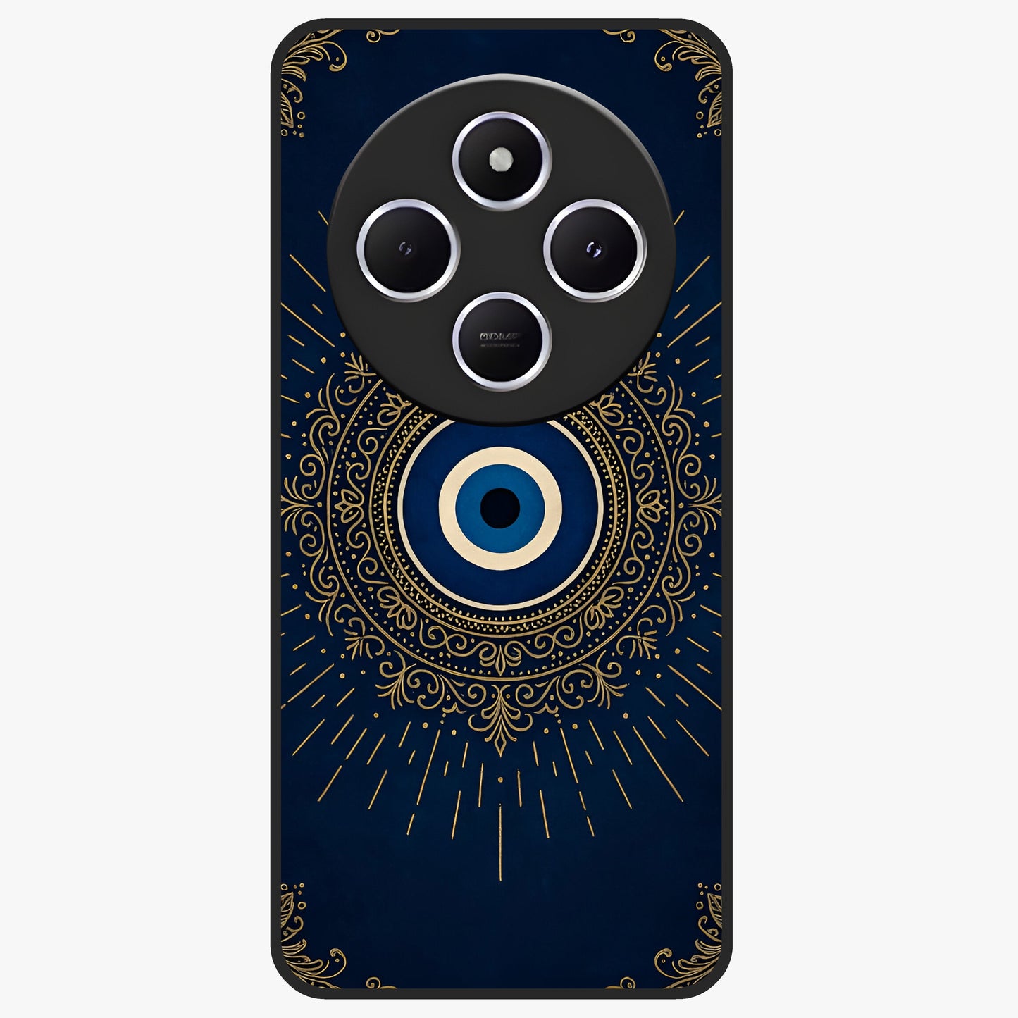 Golden Evil Eye Mandala Glass Case showing flat back view with intricate evil eye mandala artwork and glossy glass finish.