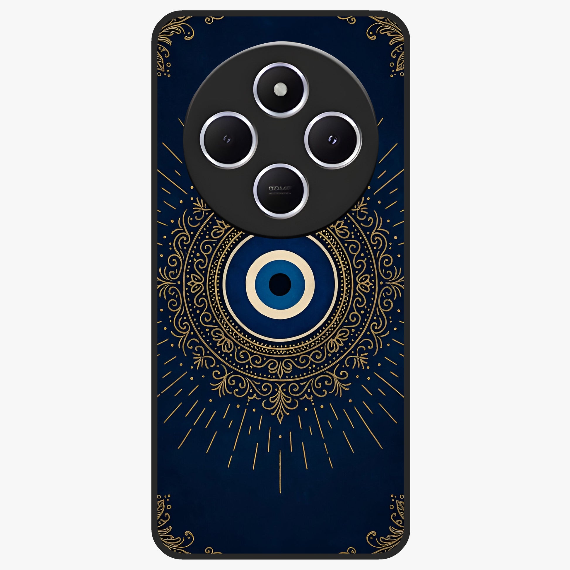 Golden Evil Eye Mandala Glass Case showing flat back view with intricate evil eye mandala artwork and glossy glass finish.