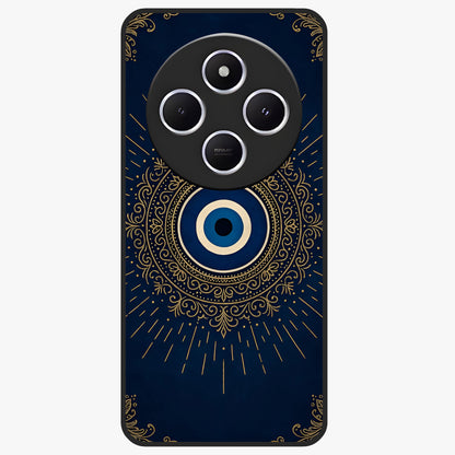 Golden Evil Eye Mandala Glass Case showing flat back view with intricate evil eye mandala artwork and glossy glass finish.