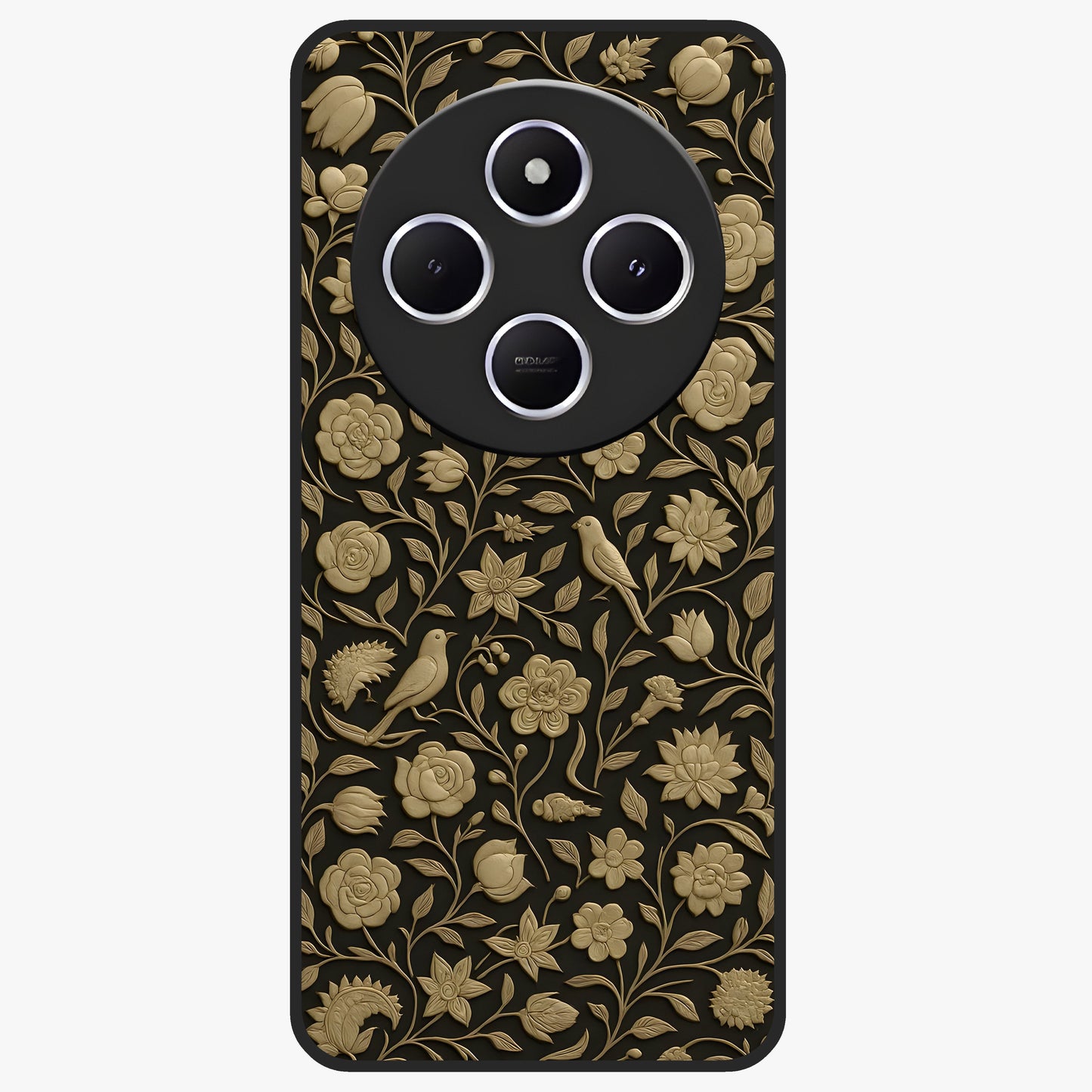 Golden Floral Majesty Glass Case showing flat back view with luxurious golden floral artwork and glossy glass finish.