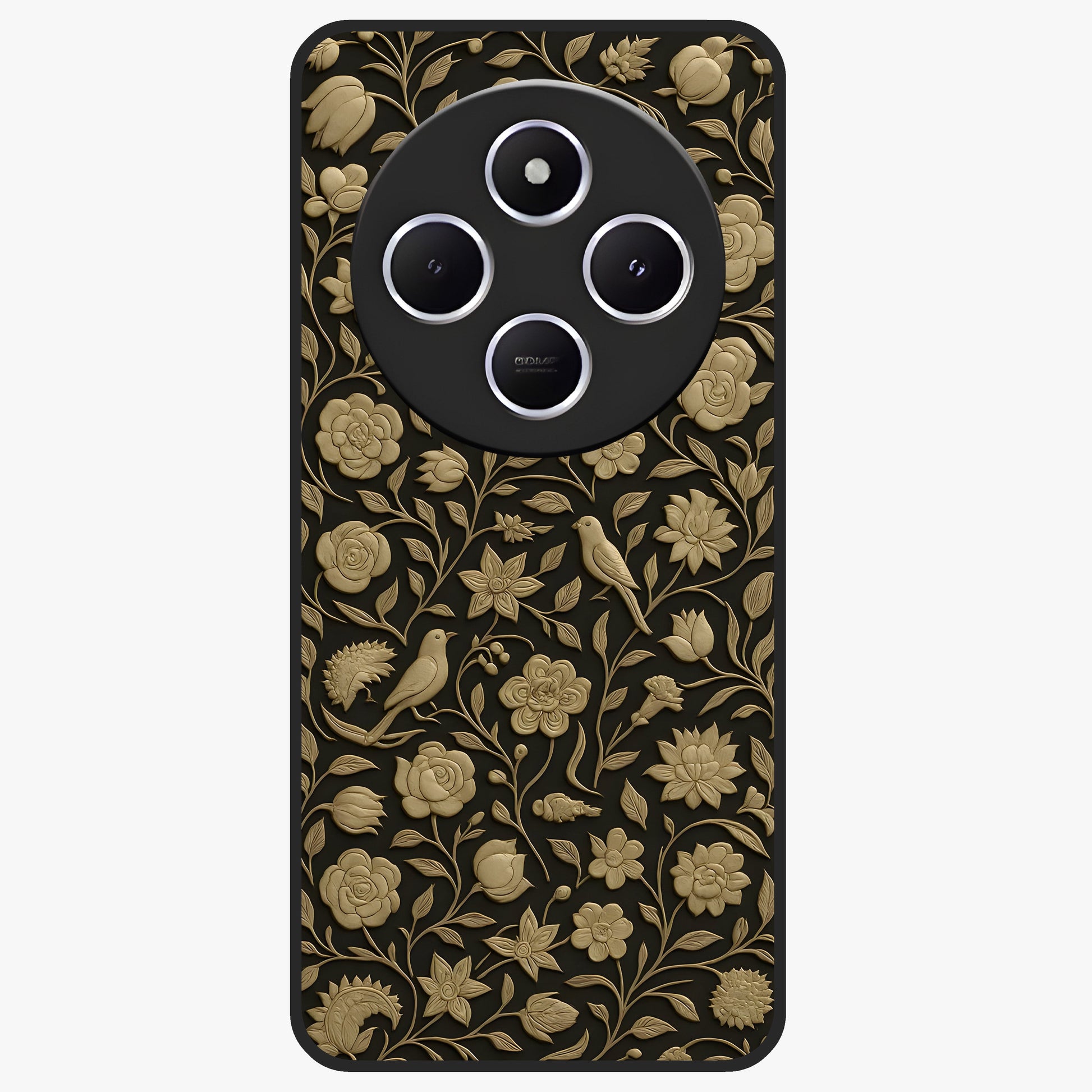 Golden Floral Majesty Glass Case showing flat back view with luxurious golden floral artwork and glossy glass finish.