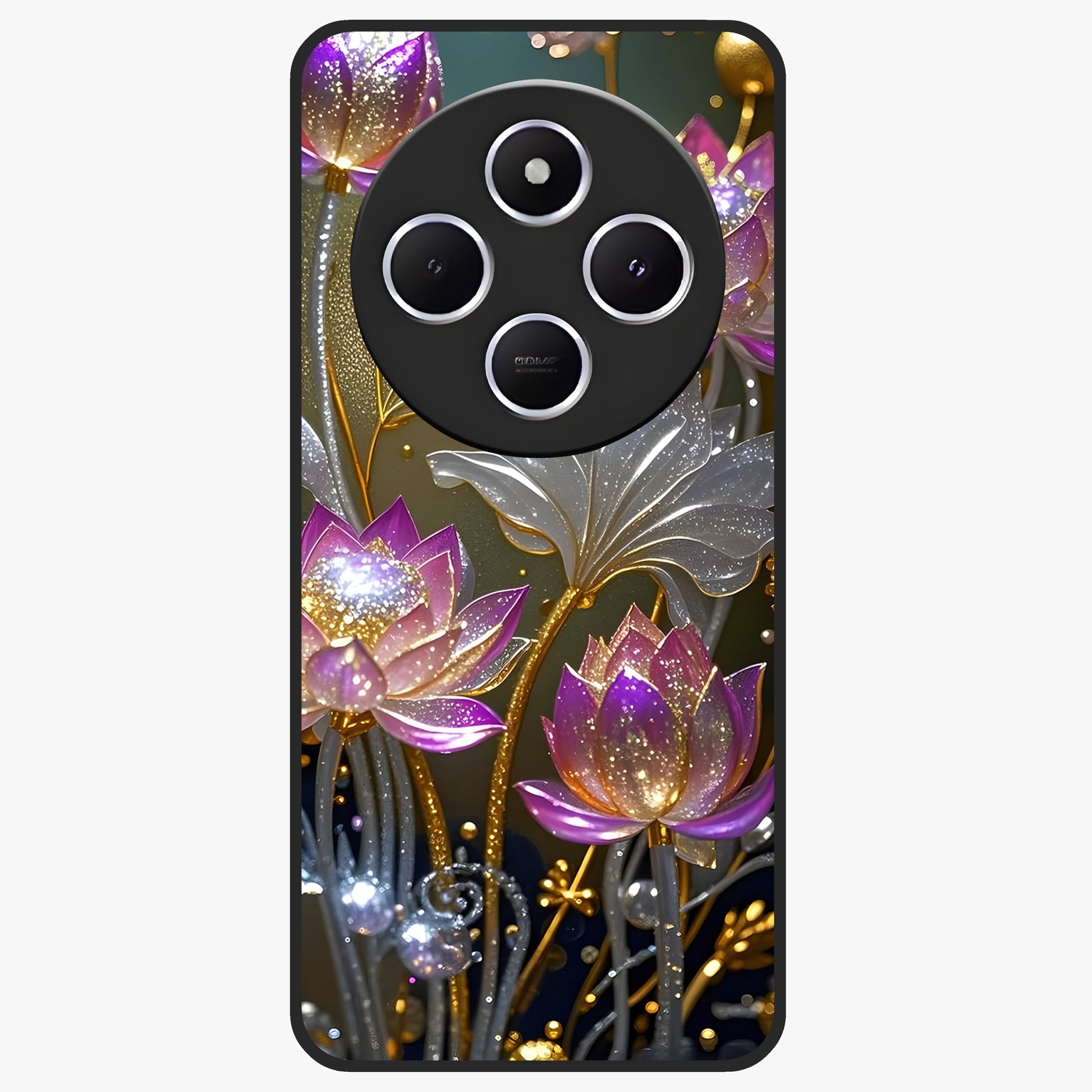 Golden Lotus Glow Glass Case showing flat back view with glowing lotus flower artwork and glossy glass finish.