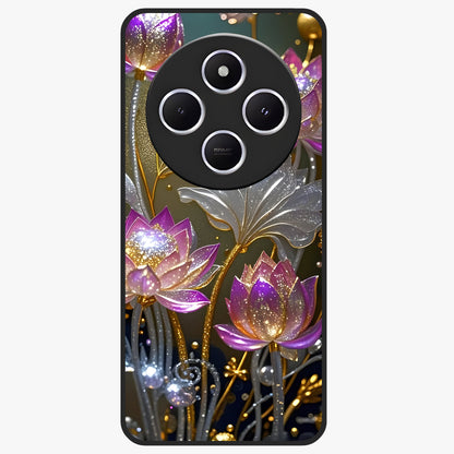 Golden Lotus Glow Glass Case showing flat back view with glowing lotus flower artwork and glossy glass finish.