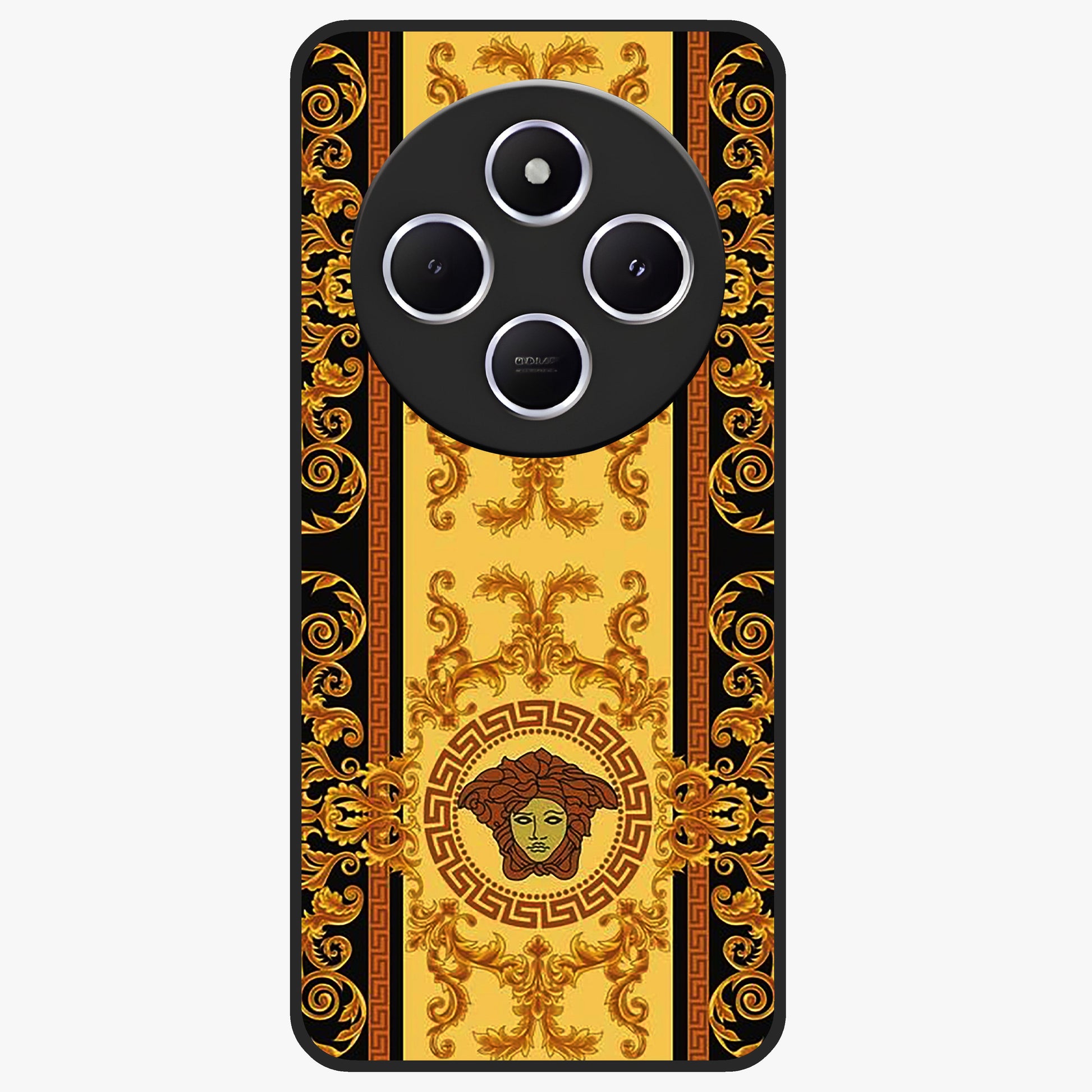 Golden Royal Heritage Glass Case showing flat back view with ornate royal pattern artwork and glossy glass finish.