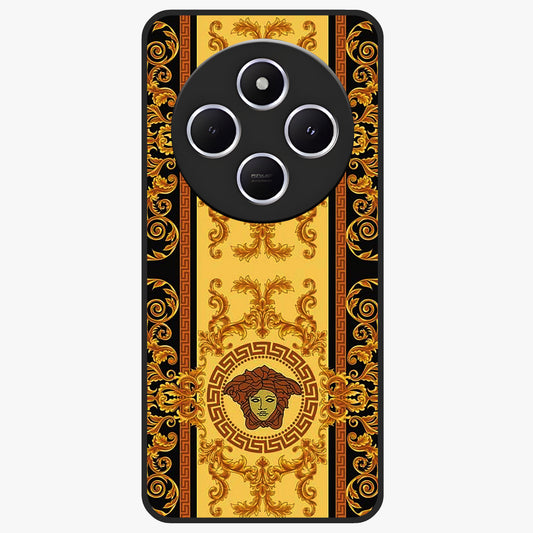 Golden Royal Heritage Glass Case showing flat back view with ornate royal pattern artwork and glossy glass finish.