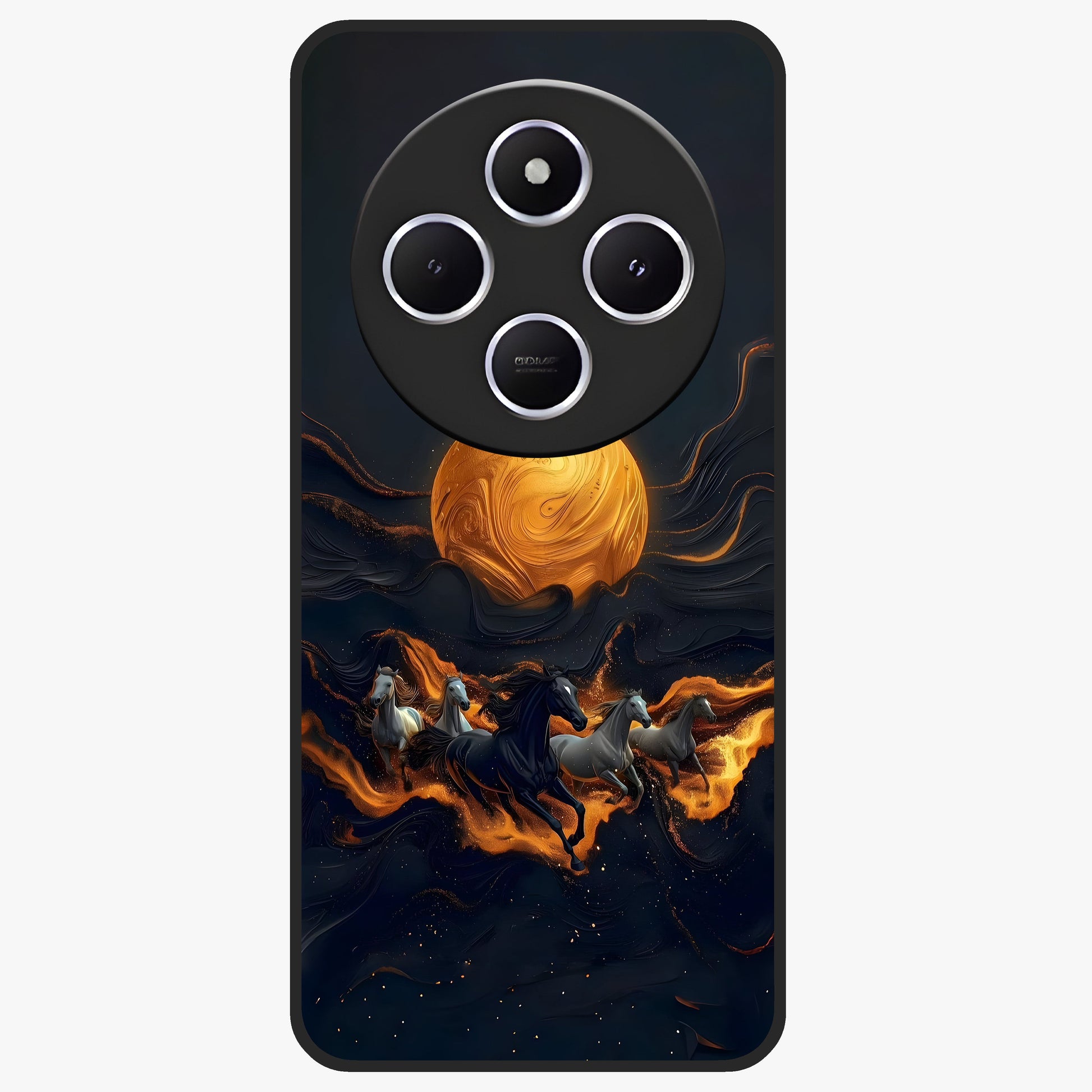 Golden Stallion Moonride Glass Case showing flat back view with majestic horse under moonlight artwork and glossy glass finish.