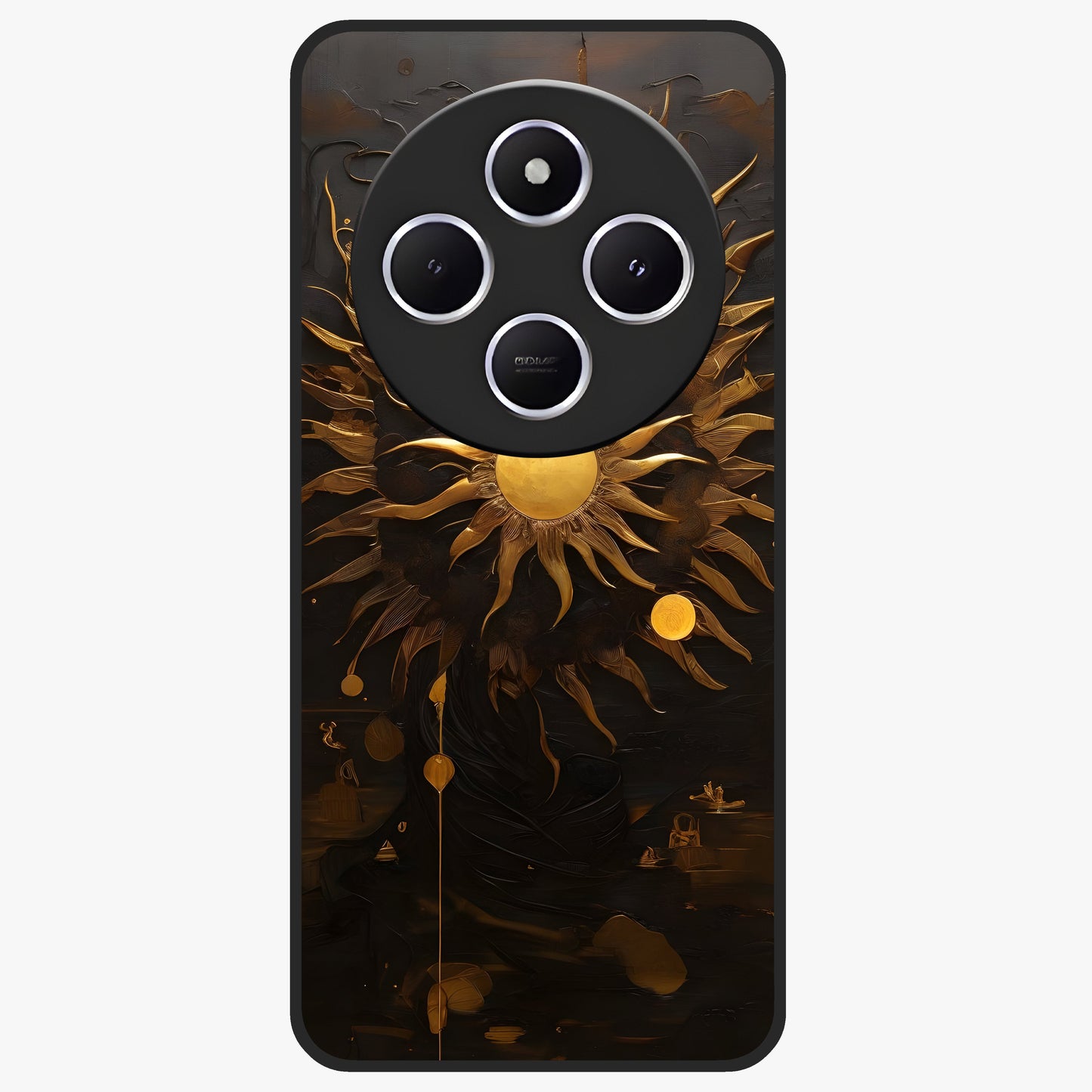 Golden Sun Majesty Glass Case showing flat back view with radiant golden sun artwork and glossy glass finish.