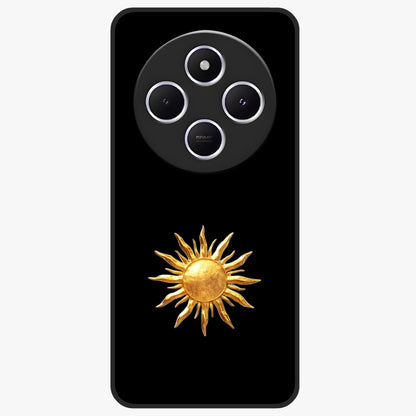 Golden Sun Minimalism Glass Case showing flat back view with minimal golden sun artwork and glossy glass finish.