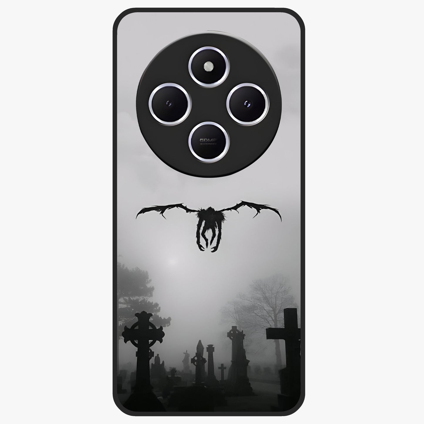Graveyard Shadow Descent Glass Case showing flat back view with dark graveyard themed artwork and glossy glass finish.