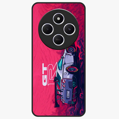 GT-R Car Pattern Glass Case showing flat back view with sporty car inspired pattern artwork and glossy glass finish.