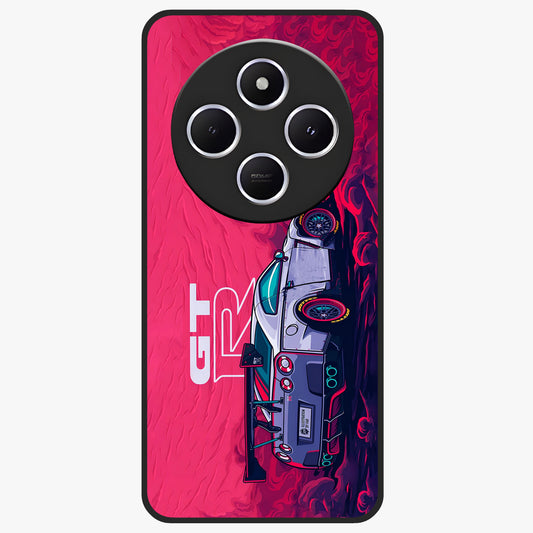GT-R Car Pattern Glass Case showing flat back view with sporty car inspired pattern artwork and glossy glass finish.