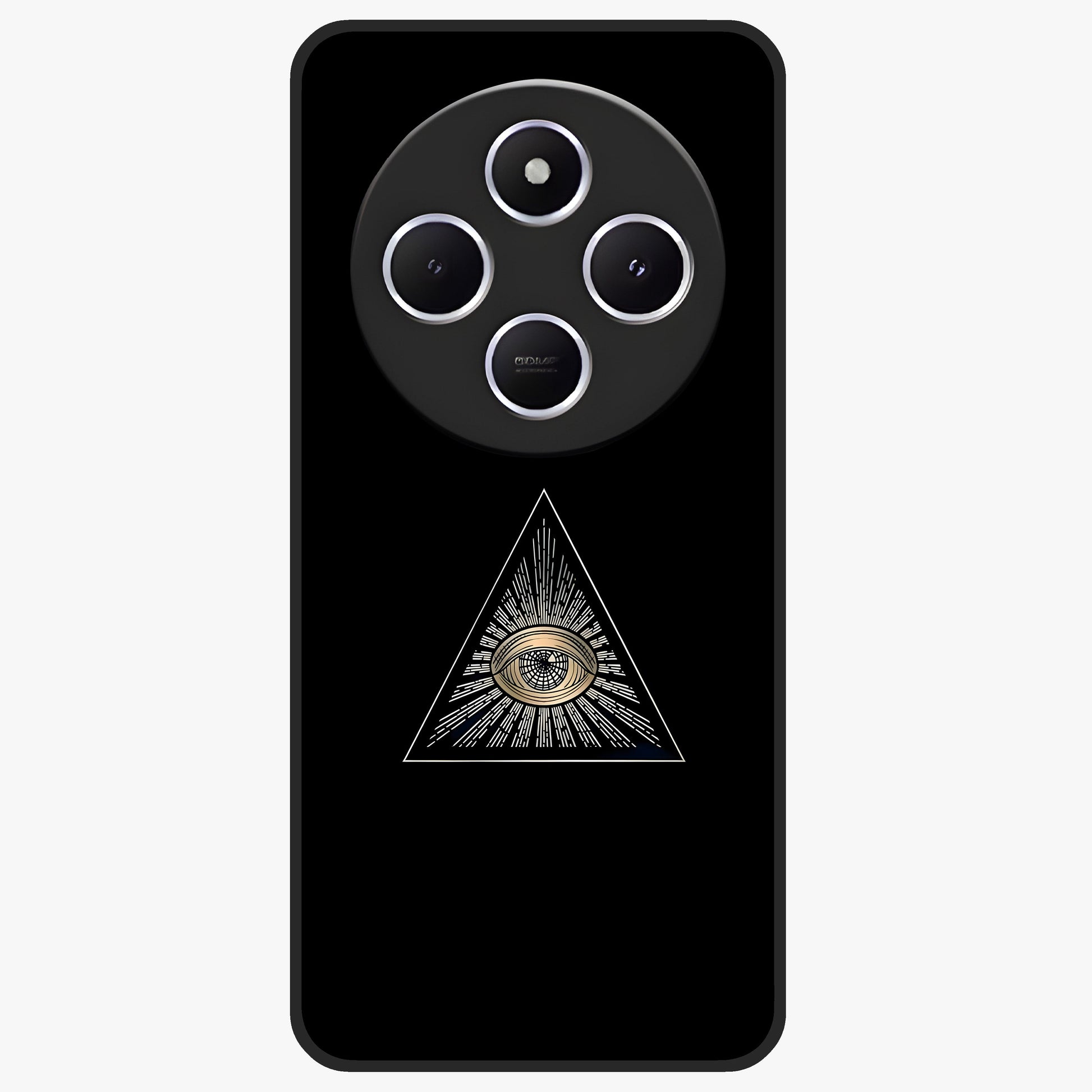 Illuminati Evil Glass Case showing flat back view with mysterious illuminati symbol artwork and glossy glass finish.