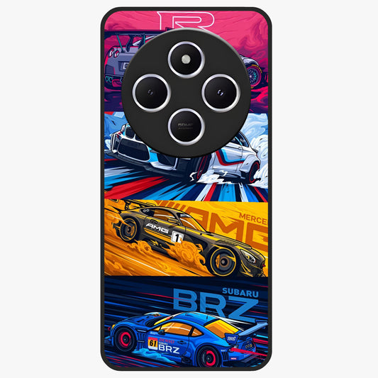 JDM Sports Car Glass Case showing flat back view with high performance sports car artwork and glossy glass finish.