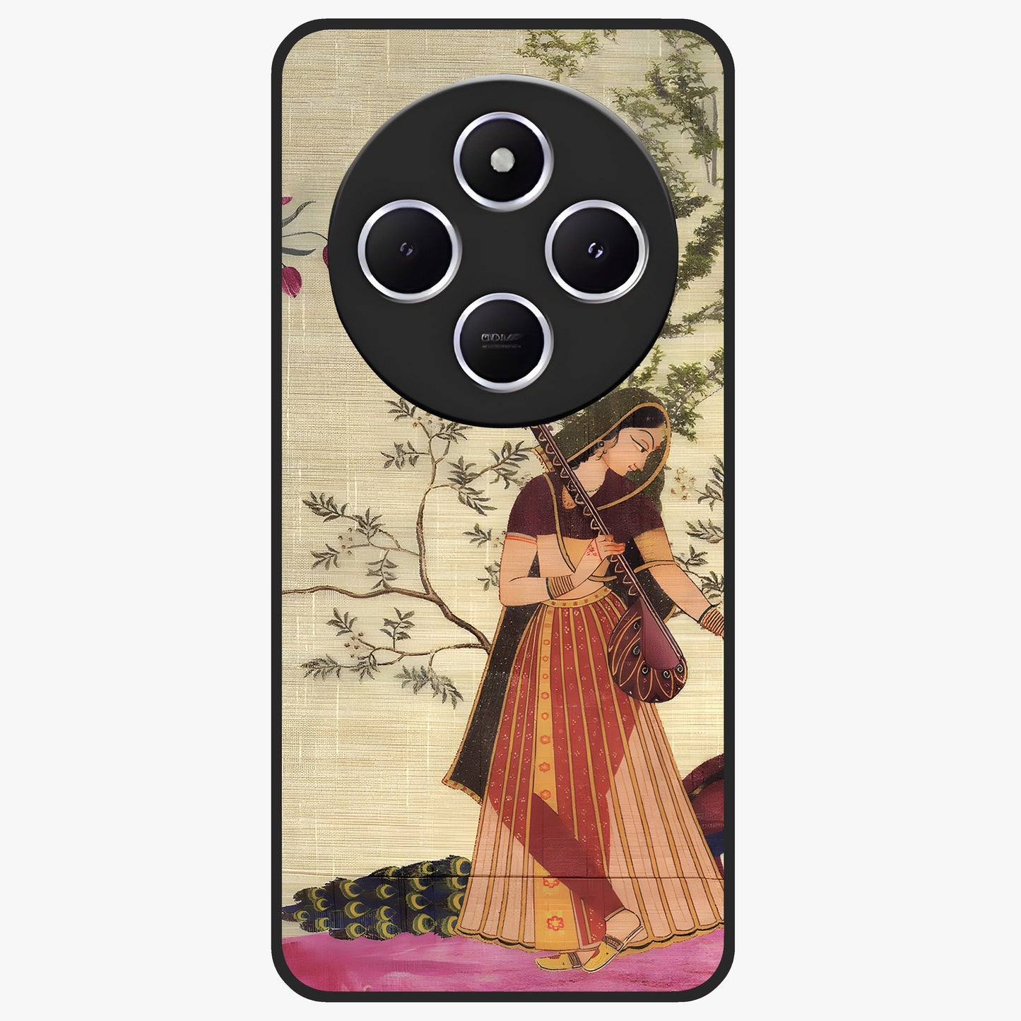 Lady With Veena Art Glass Case showing flat back view with elegant woman playing veena artwork and glossy glass finish.