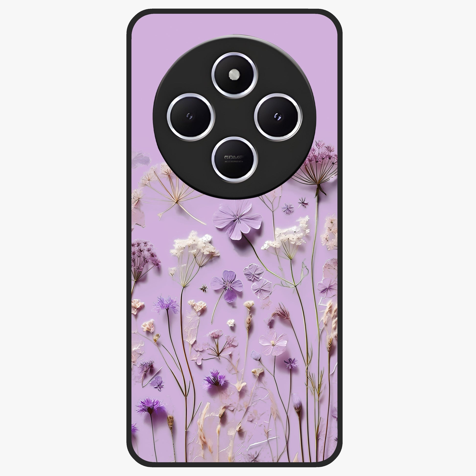 Lavender Blossom Dream Glass Case showing flat back view with soft lavender floral artwork and glossy glass finish.