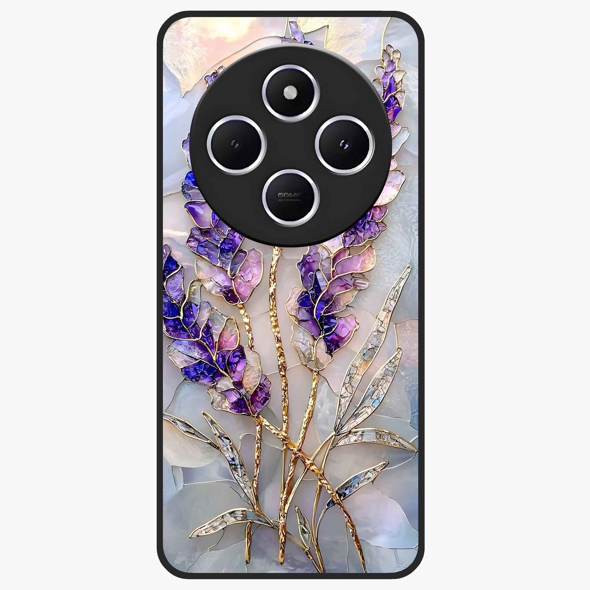 Lavender Dream Glow Glass Case showing flat back view with glowing lavender aesthetic artwork and glossy glass finish.