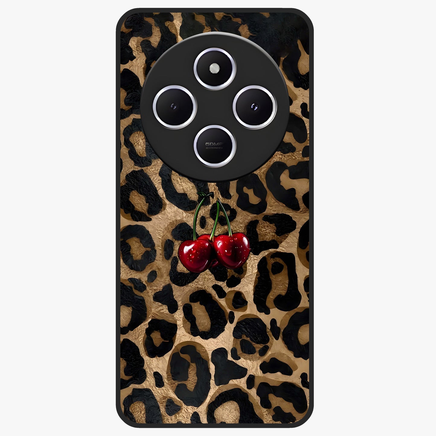 Leopard Wild Cherry Glass Case showing flat back view with leopard pattern and cherry artwork and glossy glass finish.