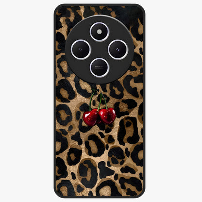 Leopard Wild Cherry Glass Case showing flat back view with leopard pattern and cherry artwork and glossy glass finish.