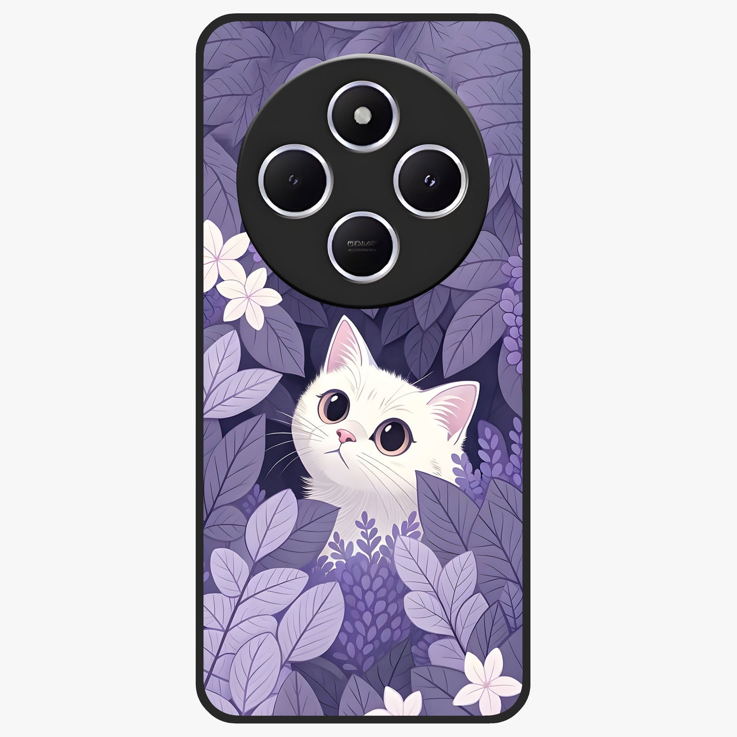 Lilac Hide Peek Cat Glass Case showing flat back view with cute peeking cat artwork and glossy glass finish.