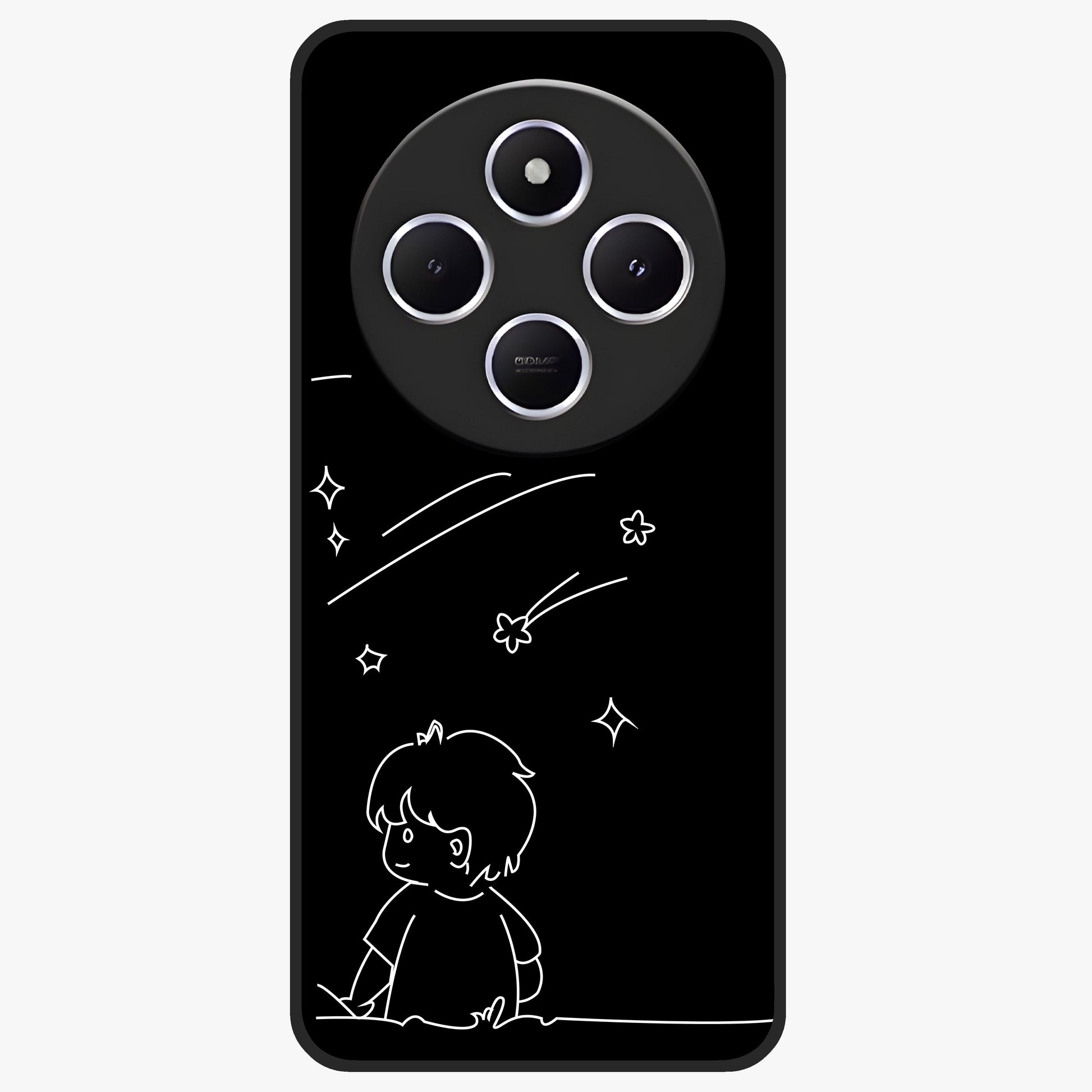Line Art Boy With Shooting Stars Glass Case showing flat back view with minimal line art boy and shooting stars illustration and glossy glass finish.