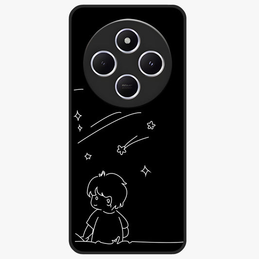 Line Art Boy With Shooting Stars Glass Case showing flat back view with minimal line art boy and shooting stars illustration and glossy glass finish.