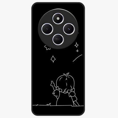 Line Art Girl With Shooting Stars Glass Case showing flat back view with minimal line art girl and shooting stars illustration and glossy glass finish.