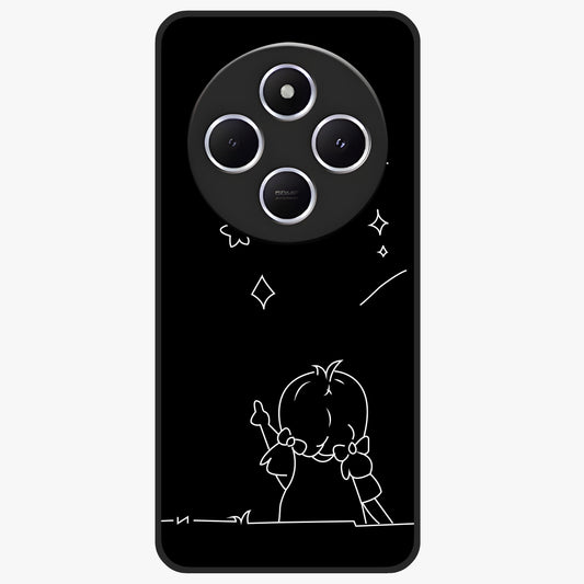Line Art Girl With Shooting Stars Glass Case showing flat back view with minimal line art girl and shooting stars illustration and glossy glass finish.